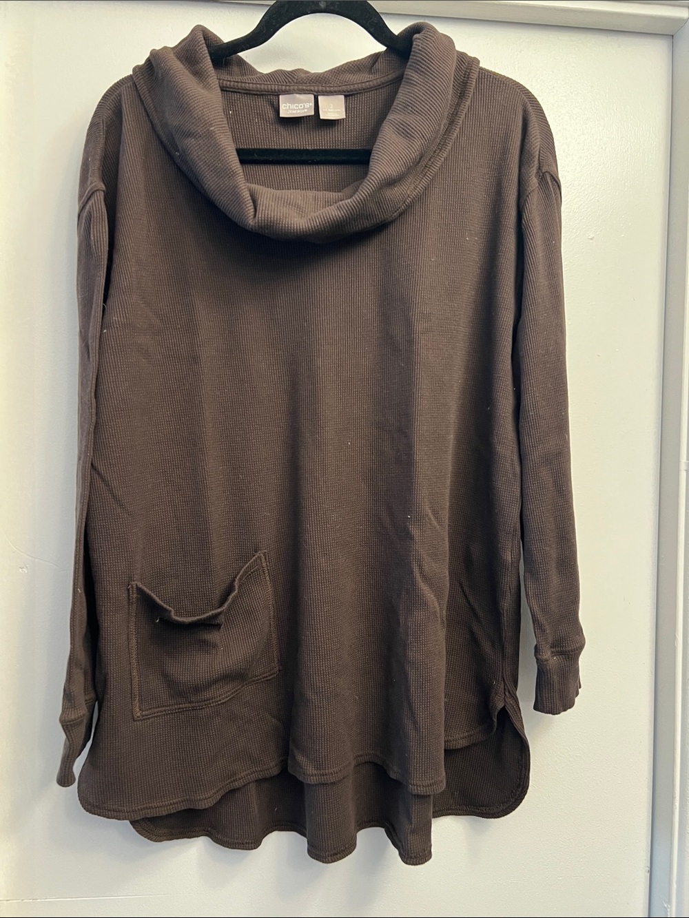 Chico's Chocolate Brown Cowl Neck Long Sleeve Waffle Knit Top Size Large